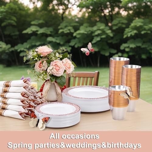 WELLIFE 350 PCS Rose Gold Disposable Dinnerware Set for 50 Guests, Disposable Rose Gold Lace Plates, Include:50 Dinner Plate, 50 Dessert Plates, 50 Pre Rolled Napkins with Silverware and 50 Cups - Image 6