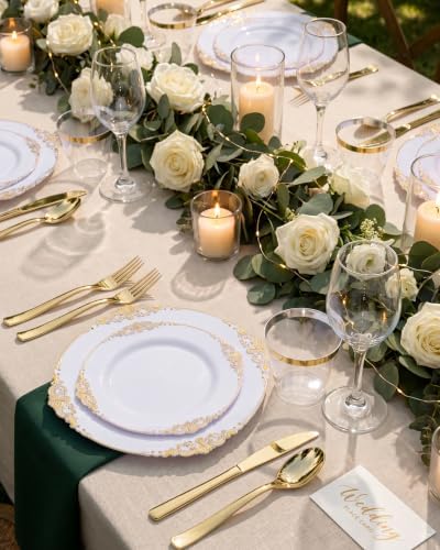 Nervure 600Pcs Gold Plastic Plates, Plastic Dinnerware Set for 100 Guests - Image 2