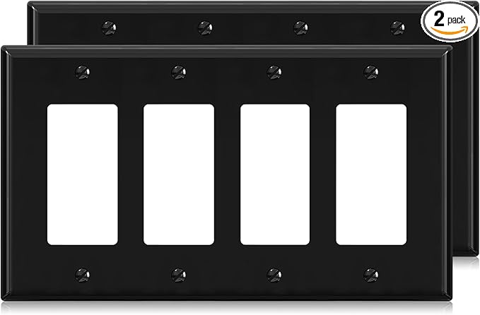 ELEGRP 4-Gang Decorative Wall Plates, Standard Size Unbreakable Thermoplastic Faceplate Cover for Decorator Receptacle Outlet Switch, UL Listed (2 Pack, Glossy Black)
