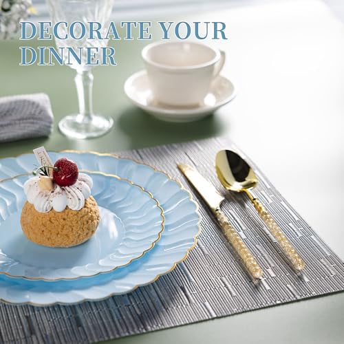 Lullaby 60PCS Light Blue Scalloped Plastic Plates with Gold Rim for Party - Image 4
