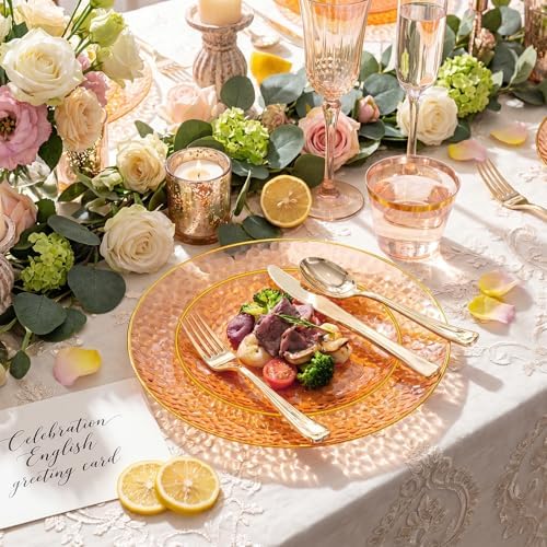 Rubtlamp 175 Pcs Plastic Dinnerware Set (25 Guests), Orange And Gold Plastic Plates, Hammered Party Plates Set Include Dinner Plates, Dessert Plates, Cups&Cutlery Set And Napkins for Wedding And Party - Image 3