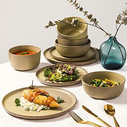Gibson Elite James Street 16 Piece Stoneware Matte Reactive Double Bowl Dinnerware Set - Toast Cream, Service for 4 (16pcs) - Image 2