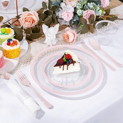 I00000 210 Clear Pink Plastic Plates Set, Pink Disposable Plates for Party - Image 2