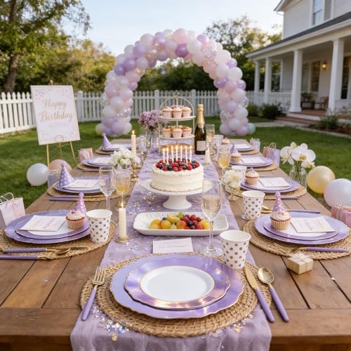 WDF 60pcs Purple Plates with Gold Rim - Baroque Light Purple Plastic Plates - Image 7