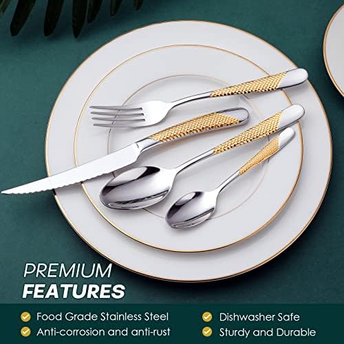 Hammered Silver Gold Silverware Set, OGORI 24-Piece 18/10 Stainless Steel Flatware Set, Service of 6 - Image 4