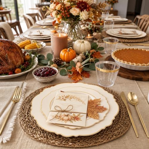 Liacere 150Pcs Ivory Plastic Plates-Ivory and Gold Disposable Plates Set- Ivory and Gold Rim Disposable Plastic Dinnerware include 50Plates,25Pack Silverware and 25Cups for Thanksgiving/Fall Party - Image 5