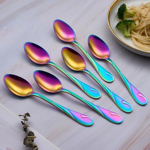 Rainbow Dinner Spoon Set, 7.6-inch Stainless Steel Spoon Silverware, 6-Piece Shiny Rainbow Soup Spoons Table Spoon, Dishwasher Safe, Set of 6 - Image 3