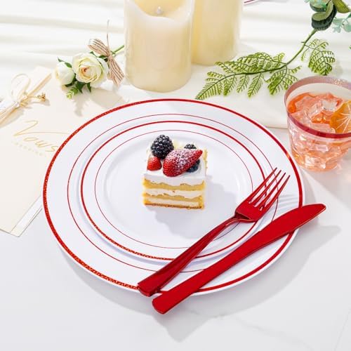 WELLIFE 700 Pieces Red Plastic Plates - Disposable Silverware and Cups, Include: 100 Dinner Plates 10.25”, 100 Dessert Plates 7.5”, 100 Red Cups 9 OZ, 100 Plastic Cutlery - Image 4
