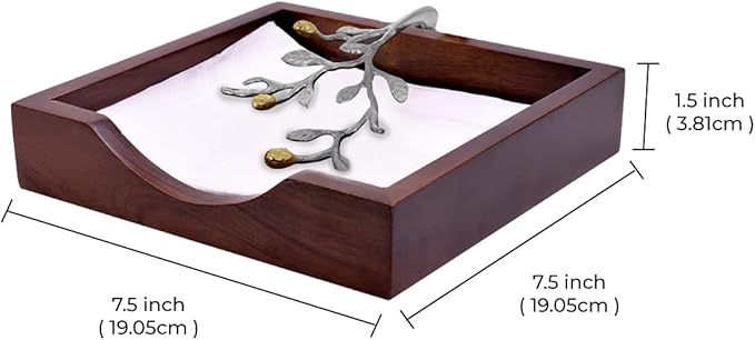 Napkin Holder - Solid Wood Brown Finish Home Decor & Kitchen Decor Table Countertop Serviette & Tissue Holder with Metal Ornament Arm in Silver Gold Finish - Indoor and Outdoor Use - Leaves Design