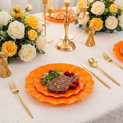Rubtlamp 60Pcs Orange Plastic Plates - Orange Scalloped Plates with Gold Trim - 30 Dinner & 30 Dessert Platos, Heavy-duty Gold Plates for Party (30 Guests) - Image 5