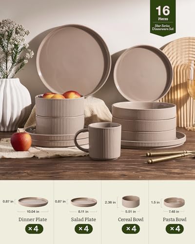 Famiware Star Stoneware Dinnerware Sets with Pasta Bowls, 16pc Dishes for 4 - Image 6