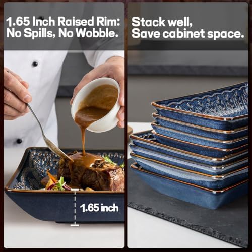 Artena Salad Plates Set of 4, 9.85" Embossed Ceramic Rectangular Appetizer Plates, Deep Lipped Edges, Microwave & Dishwasher Safe, Dessert Sushi Pasta Serving Plates (Blue, Willow Leaf) - Image 5