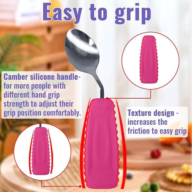 Adaptive Utensils Angled Spoon and Fork for Hand Tremors Parkinsons,Weighted Utensils with Non-Slip Easy Grip Handles for Independent Eating (1pcs Spoon+1pcs Fork=2 pcs,Pink,Right Hand)