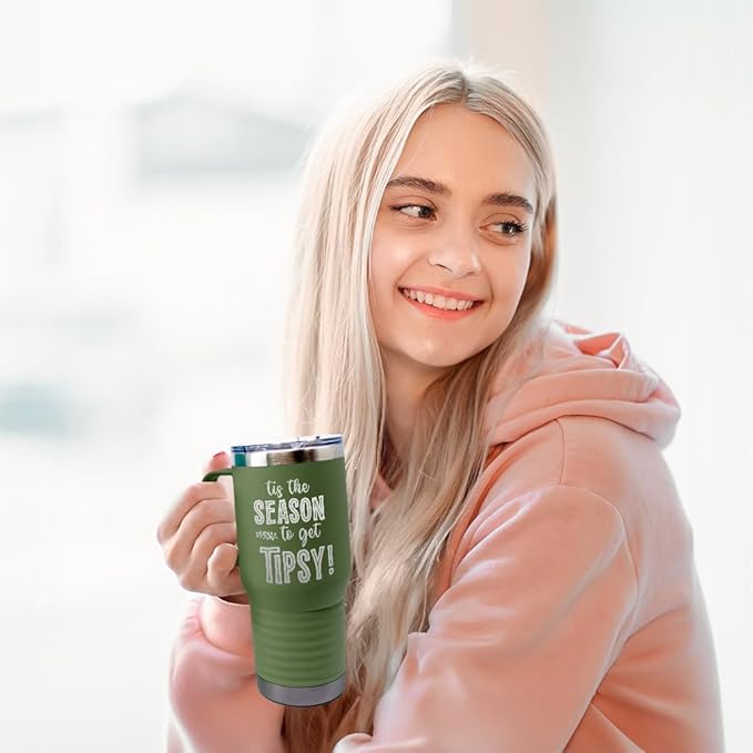 Tumbler Cups with Straw Tis The Season to Get Tipsy Christmas Xmas Coffee Tumbler with Lid Personalized Insulated Travel Mugs Engraved Stainless-Steel 20 Oz Forest Green Design Only