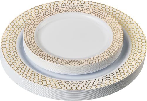 PLASTICPRO 128 Pack Elegant Disposable Plastic Plates Combo Set Includes 64 Dinner Plates and 64 Salad Plates Heavy Duty Fancy Party Plates White & Gold Honeycomb Design by PLASTICPRO