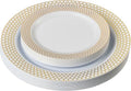 PLASTICPRO 128 Pack Elegant Disposable Plastic Plates Combo Set Includes 64 Dinner Plates and 64 Salad Plates Heavy Duty Fancy Party Plates White & Gold Honeycomb Design by PLASTICPRO