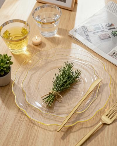 bUCLA 180PCS Clear Plastic Plates with Gold Trim - Clear Gold Plastic Dinnerware Include 30 Dinner & Dessert Plates, 30 Knives, 30 Forks, 30 Spoons and 30 Cups for Party - Image 5
