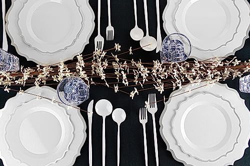 PLASTICPRO 128 Pack Elegant Disposable Plastic Plates Combo Set Includes 64 Dinner Plates and 64 Salad Plates Heavy Duty Fancy Party Plates White & Silver Contemporary Design - Image 3
