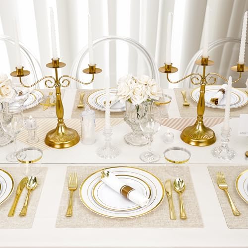 175 PCS White and Gold Plastic Dinnerware Set for 25 Guests, 50 Disposable Plates for Party, 25 Pre Rolled Napkins with Gold Silverware, 25 Cups - Image 6