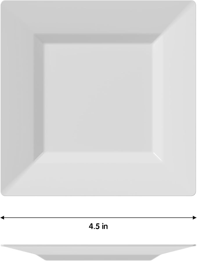 Exquisite Mini Disposable Appetizer Plates - 100 Pack 4.5 In. x 4.5 In. White Plastic Dessert Plates - Elegant Design for Weddings, Birthdays, and Formal Parties - Stackable and Convenient - BPA Free
