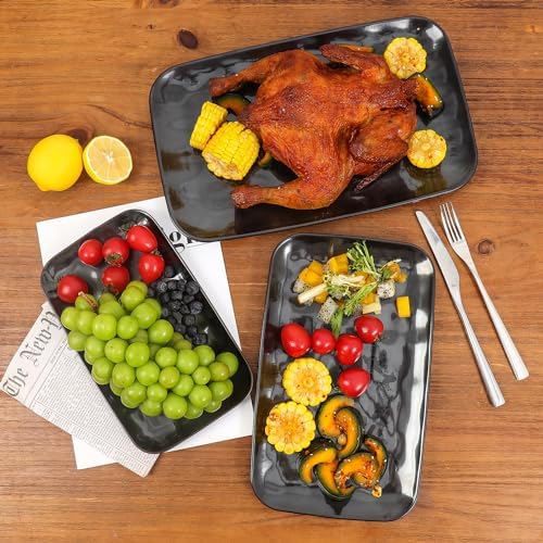 vicrays Ceramic Rectangle Serving Platters - 14" 12" 10" Porcelain Serving Trays Plates for Party BBQ Appetizers Sushi Dessert - Microwave Oven and Dishwasher Safe - Set of 3 Bright Black - Image 7