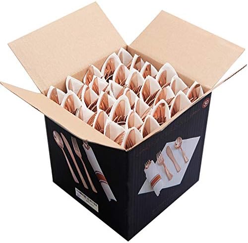 Supernal 30 Pack Pre Rolled Rose Gold Plastic Silverware, Linen Napkin - Image 2