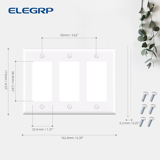ELEGRP 3-Gang Decorative Wall Plates, Standard Size 4.53" H x 6.39" L Unbreakable Thermoplastic Faceplate Cover for Decorator Receptacle Outlet Switch, UL Listed (2 Pack, Glossy White)