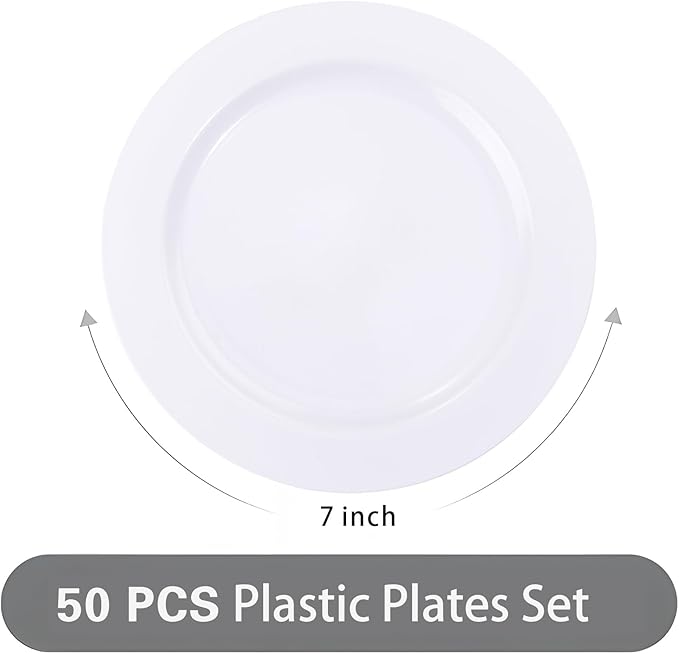 I00000 50 Pcs White Plastic Dessert Plates, 7.5 inch Disposable Salad Plates, Premium Appetizer Plates for Party, White Plastic Plates for Wedding