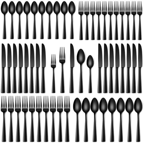Stapava 60 Pcs Black Silverware Set, Food-Grade Stainless Steel Flatware Set for 12 Mirror Polished Cutlery Utensil Sets Include Dinner Knives Spoons and Forks Set Dishwasher Safe for Home Restaurant by StapavaSilverwareSet