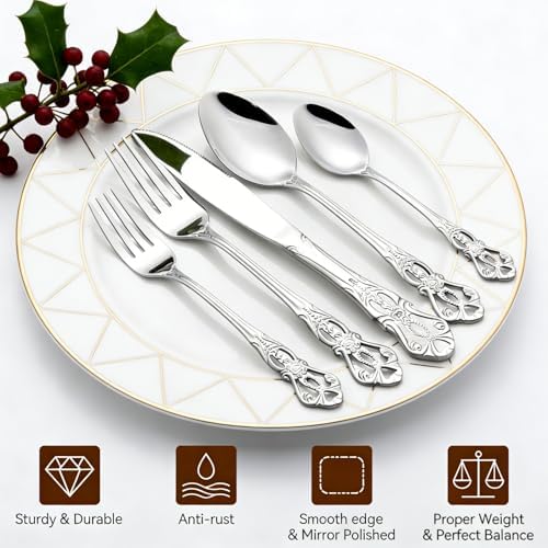 Cididu 40 Pieces Retro Royal Silverware Set for 8, Stainless Steel Flatware Set, Dishwasher Safe Dinnerware Set Including Forks Spoons and Knives, Vintage Cutlery Set for Wedding, Party and Christmas - Image 3