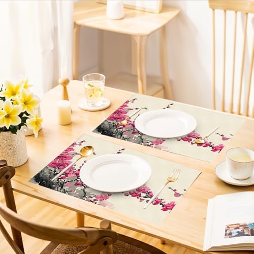 ANNA QUEEN Floral Table Runner and Placemats Set of 6 – 13"x72" Table Runner & 12"x18" Placemats, Cherry Blossom Ink Style Elegant Zen Dining Decor - Image 6