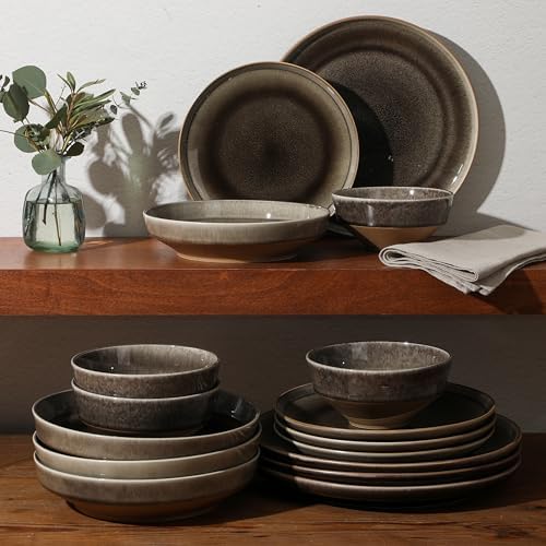 Gibson Elite Hailstone 16 Piece Stoneware Reactive Glaze (Service for 4) Ceramic Plates and Bowls Dinnerware Set - Black - Image 4