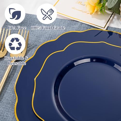 bUCLA 180PCS Blue Plastic Plates - Navy Blue and Gold Rim Disposable Include 30 Each (Dinner & Dessert) Plates, 30 Knives, 30 Forks, 30 Spoons and 30 Cups, Ideal for Party & Labor Day - Image 3