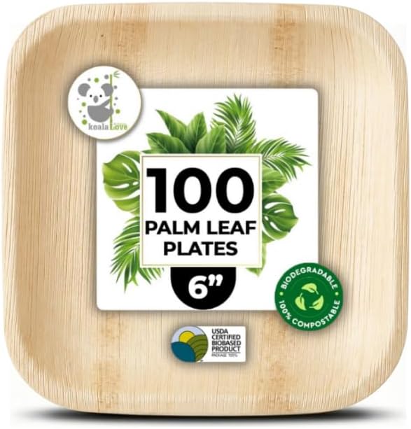 Palm Leaf Plate Bamboo Paper Disposable 6 Inch 100 Bulk Appetizer and Dessert Square Party Pack Eco Biodegradable Compostable Wooden Plates Better Than Plastic Plates By KoalaLove