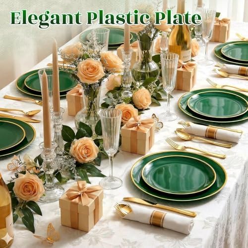 Green Gold Dinnerware Set Disposable Plates for 175PCS 25 Guests - Image 3