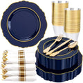 Liacere 175PCS Navy Blue Plastic Plates-Disposable Blue Gold - 25guest Baroque Plastic Dinnerware include 50Plates,25Pack Pre Rolled Napkins with Silverware 25Cups for Party & Wedding & Labor Day by Liacere