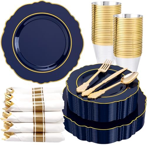 Liacere 175PCS Navy Blue Plastic Plates-Disposable Blue Gold - 25guest Baroque Plastic Dinnerware include 50Plates,25Pack Pre Rolled Napkins with Silverware 25Cups for Party & Wedding & Labor Day by Liacere