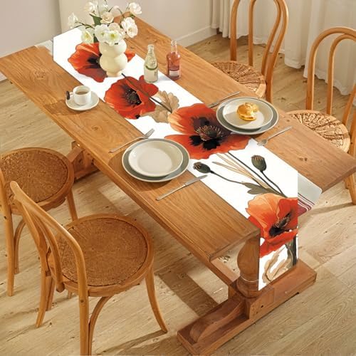 ANNA QUEEN Red Poppy Floral Table Runner and Placemats Set of 6, 13"x72" Table Runner with 12"x18" Washable Placemats, Bold Flower Dining Table Decor for 4 to 6 People Kitchen Decoration - Image 7