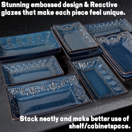Artena Salad Plates Set of 4, 9.85" Embossed Ceramic Rectangular Appetizer Plates, Deep Lipped Edges, Microwave & Dishwasher Safe, Dessert Sushi Pasta Serving Plates (Blue, Wheat Leaf) - Image 4