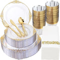 Morejoy 350PCS Clear and Gold Plastic Plates,Clear Plastic Dinnerware Set by Morejoy