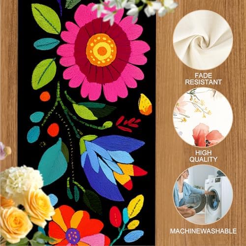 ANNA QUEEN Boho Floral Table Runner and Placemats Set of 6 – 13"x72" Table Runner & 12"x18" Placemats, Colorful Folk Embroidery Style Dining Table Decor - Image 4