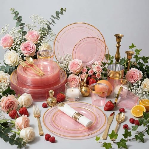 WELLIFE 210Pcs Clear-Pink Plastic Dinnerware- Pink and Gold Plastic Dinnerware include 30 Dinner Plates, 30 Dessert Plates, 90 Gold Silverware, 30 Cups and 30 Napkins Perfect for Parties - Image 6