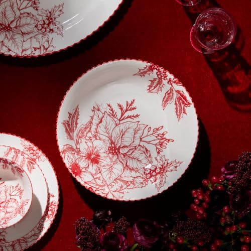 Crimson Noel SALAD/DESSERT PLATES, SETof 6 Assorted Designs — Six 8.5-inch assorted white porcelain plates in dramatic crimson toile, carrying the collection's bold botanical artistry to every course. - Image 6