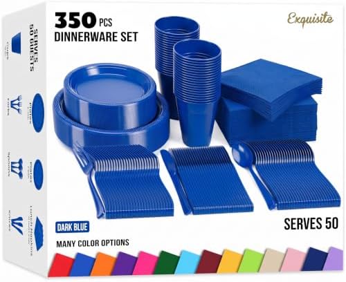 350 Pcs Dark Blue Plastic Plates for Party Dark Blue Disposable Plates Set 50 of Each 9 Dinner Plate Set 7 Dessert Plate Cups Napkins & Cutlery Plastic Dinnerware Set Exquisite by Exquisite