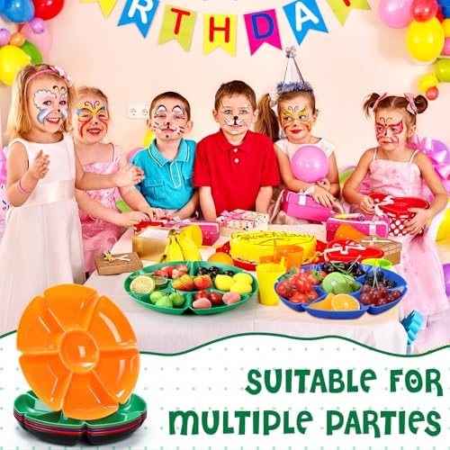 Zhehao 6 Pcs Plastic Divided Serving Trays with 60 Pcs Disposable Fork, 7 Compartments Round Chip Dip Plate, Petal Shape Platter, 10.6'' Snacks Serving Dish for Party Candy Nuts Fruits (Warm Color) - Image 5