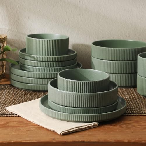 Gibson Elite Deerfield 16-Piece Stoneware Dinnerware Set – Matte Green Stackable Plates and Bowls, Reactive Glaze Finish, Service for 4 – Microwave & Dishwasher Safe - Image 6