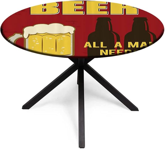 Round Vinyl Fitted Tablecloth, Manly Decor Print Polyester Table Cloth, Beer Mug and Two Bottles with Quotes Beer All, Fit Round Tables 35inch, Holiday Party Home Kitchen Dining Table Decoration