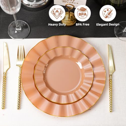 72PCS Mocha Mousse Plastic Plates, Wavy Plates with Gold Rim - Image 2