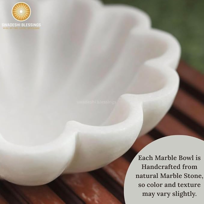 HandCrafted Marble Decorative Bowl | White Ruffle Scalloped Fluted Key/Fruit Ring Dish | Organic Modern Home Decor (10 Inches)