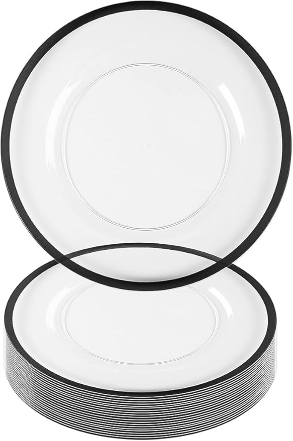 PARTY BARGAINS 13-Inch Charger Plates - 16 Pack, Clear Black Rim, Heavy-Duty Disposable Chargers for Elegant Dining - Ideal for Weddings and Formal Events